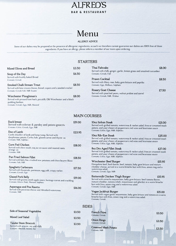 Alfred's bar and restaurant menu consisting of allergy advice, a wide range of starters mains and sides