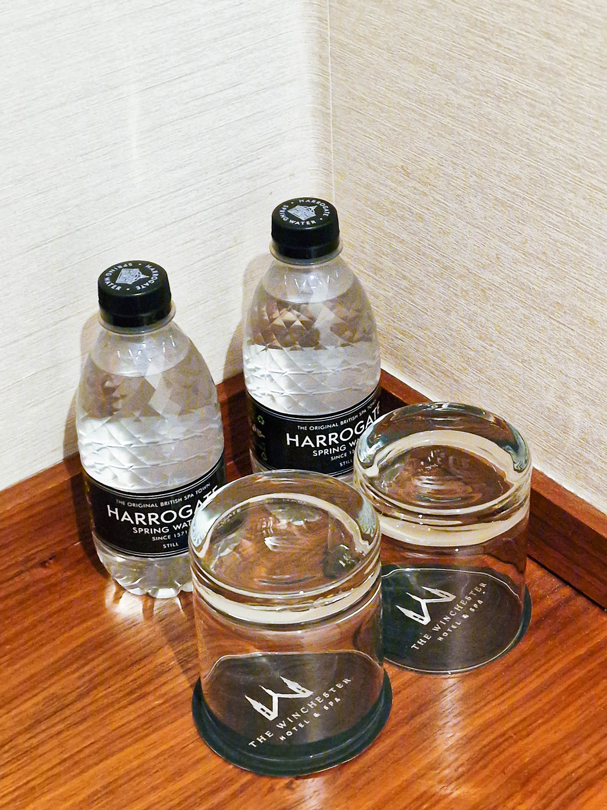 Two bottles of Harrogate spring water and two glasses from our room in the Winchester hotel