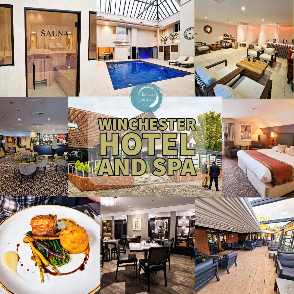 A collage of images which are the sauna, a swimming pool, relaxation area , a double bedroom, bar area, outdoor terrace, a pork belly dinner and Alfred's restaurant at the Winchester hotel and spa