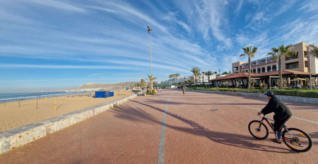 Agadir Promenade and beach outside the Riu Palace with the beachfront restaurant.