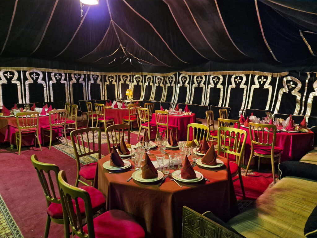 A Caidal Tent where we eat Authentic Berber dishes at the Fantazia night at Chems Ayour Agadir