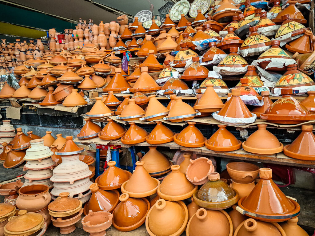 A large stall of Tagine Terracotta pots for sale in the the Souk EL Had in Agadir Morocco