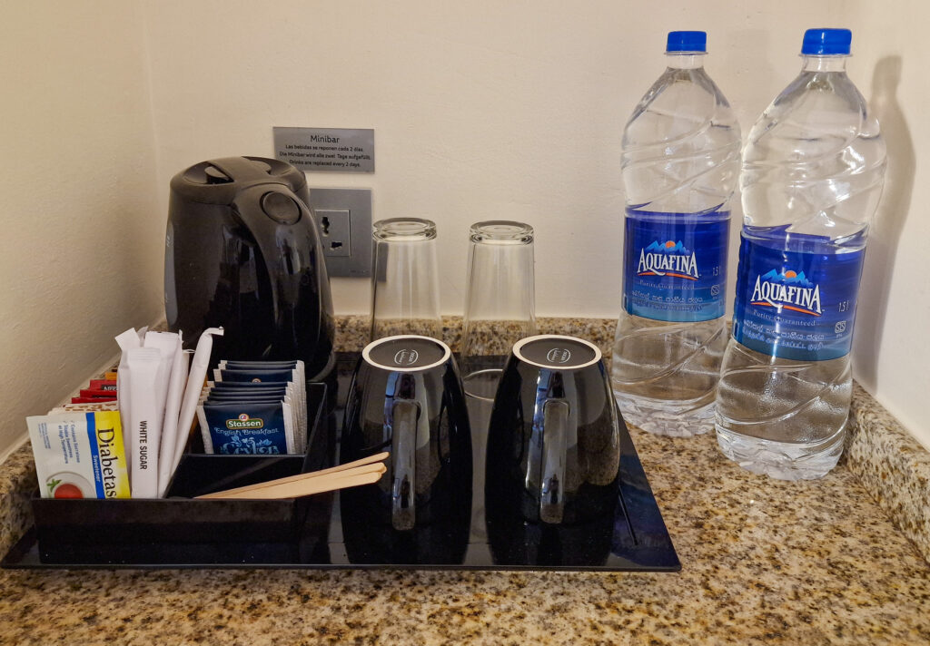 tea, coffee and water facilities in the room of riu hotel ahungalla