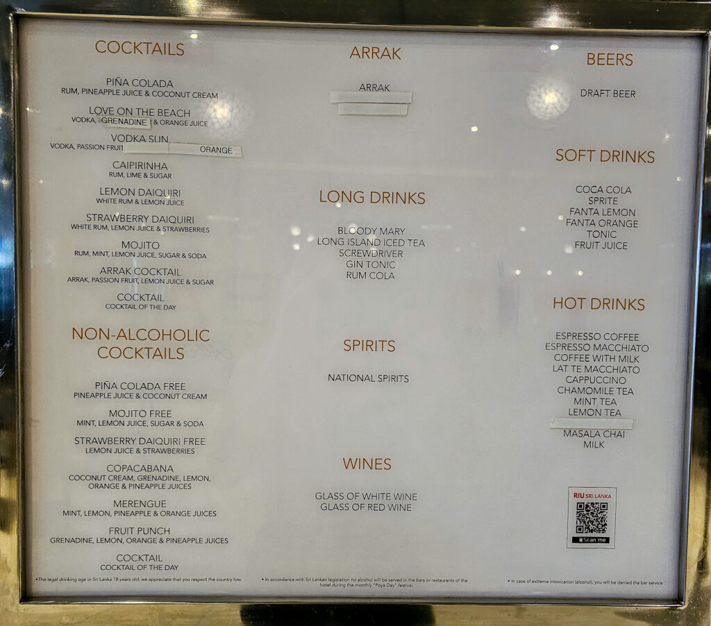 Drinks menu at the main bar inside the Riu hotel Sri Lanka