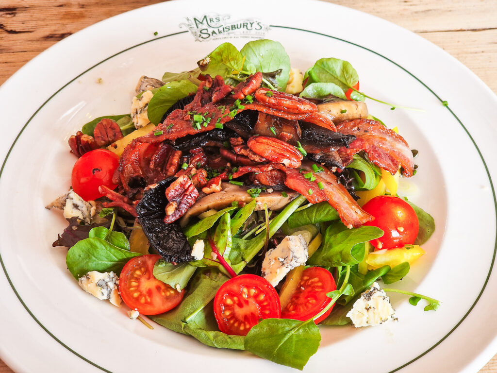 Portobello mushroom, smoked streaky bacon, stilton pecans salad drizzled in syrup from Mrs Salisburys tearoom