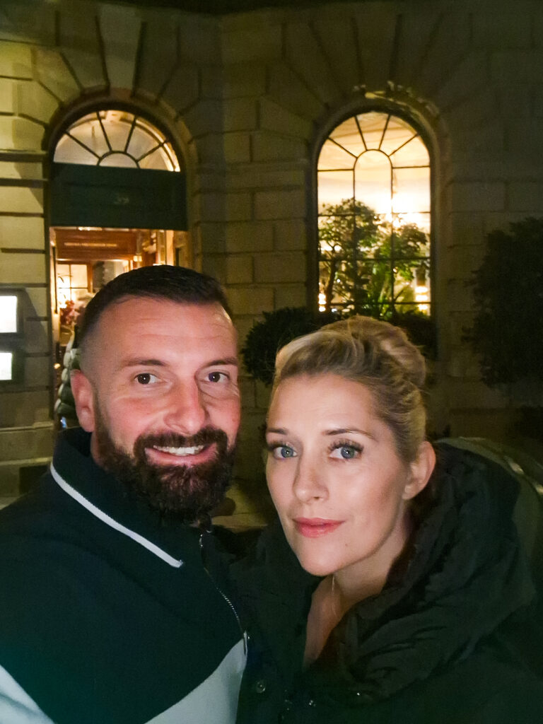 Luke and Kay standing outside the Ivy restaurant in Bath