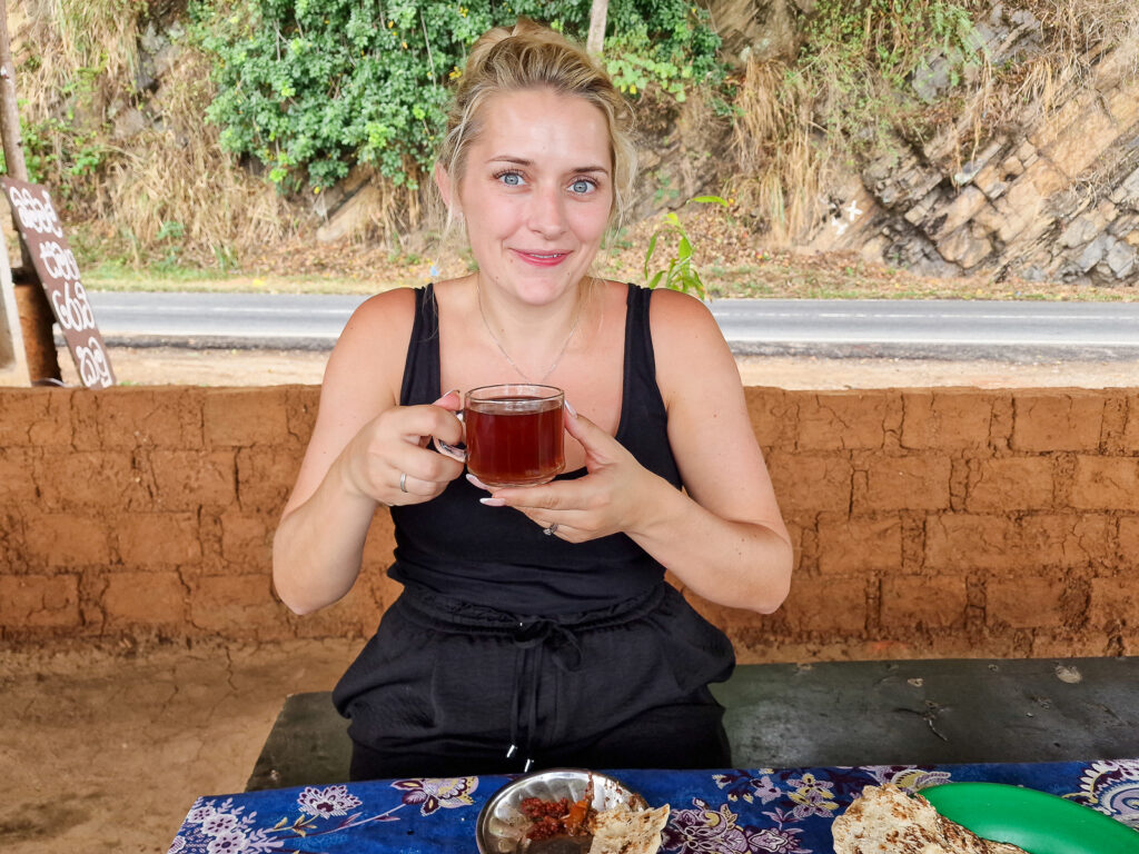 Kay Drinking Ceylon tea in Sri Lanka