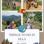 The Nine Arch Bridge Ella Sri Lanka with people walking across the tracks holding umbrellas going across the bridge, Luke and Kay sitting next to a statue of Sir Thomas Lipton at the highest view point of Lipton tea plantation in Ella Sri Lanka, Luke and Kay from Flawless journeys at the top of Little Adams peak looking out the great views and the Ravana Waterfall in Ella Sri Lanka