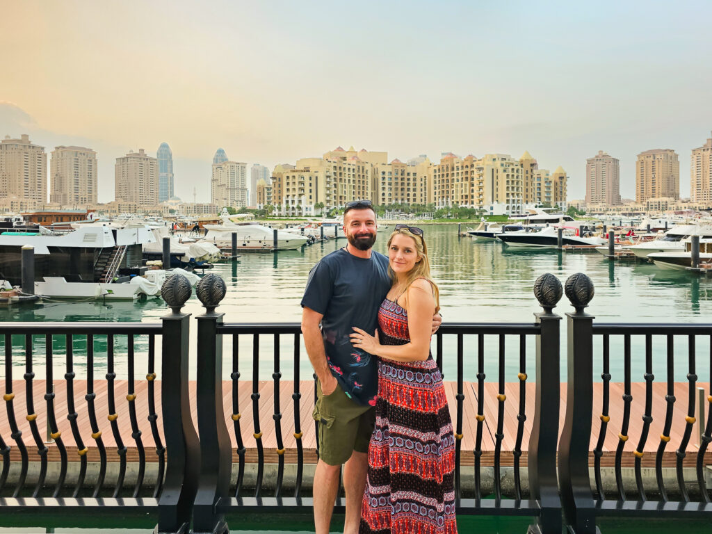 Luke and Kay at The Pearl marina in Doha Qatar