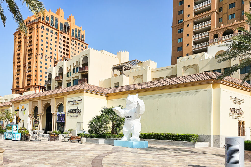 Subzero Ice Lounge entrance which has a giant polar bear statue at the entrance in The Pearl Qatar Doha